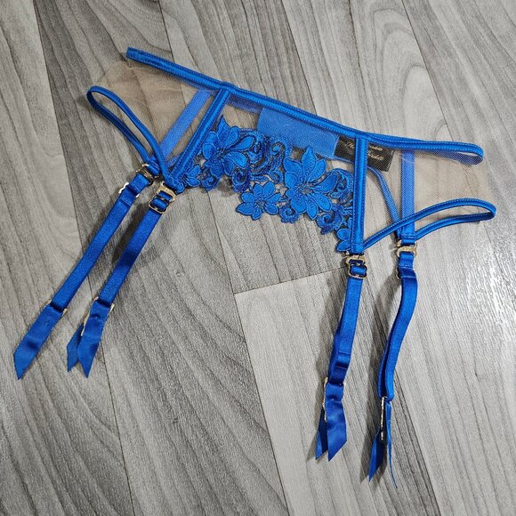 Honey Birdette Amelie Blue Floral Garter Belt Suspender Size XS